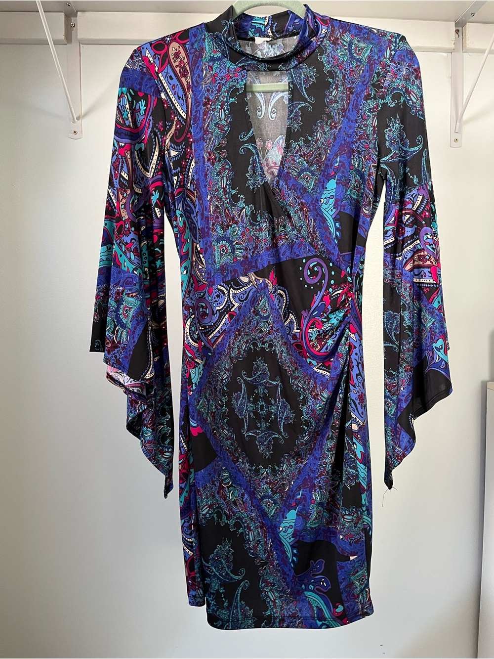 Vintage 90s Gypsy VENUS Paisley Choker Wrap Dress Whimsical Witchy Sleeves